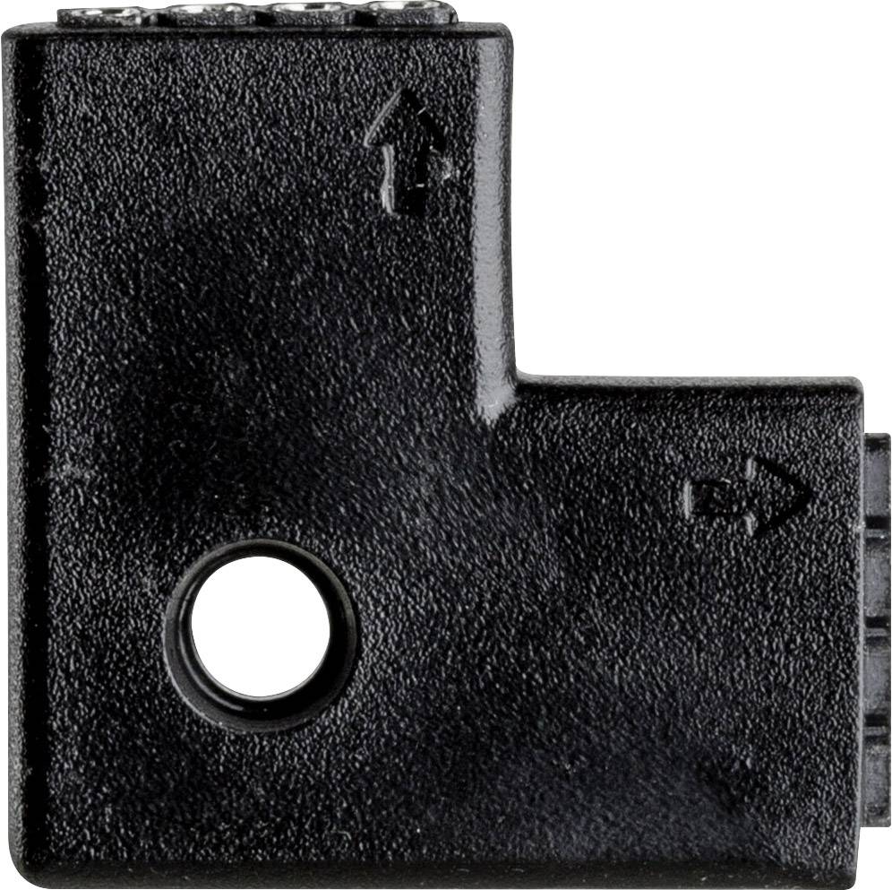 Black L-shaped plastic part with arrow markings and a hole in the lower corner.