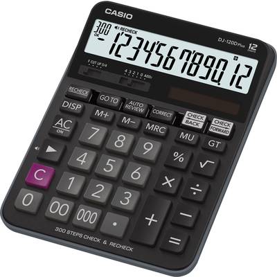 Black calculator with large display, showing the number sequence '1234567890.12'. Buttons for basic arithmetic operations and functions visible.