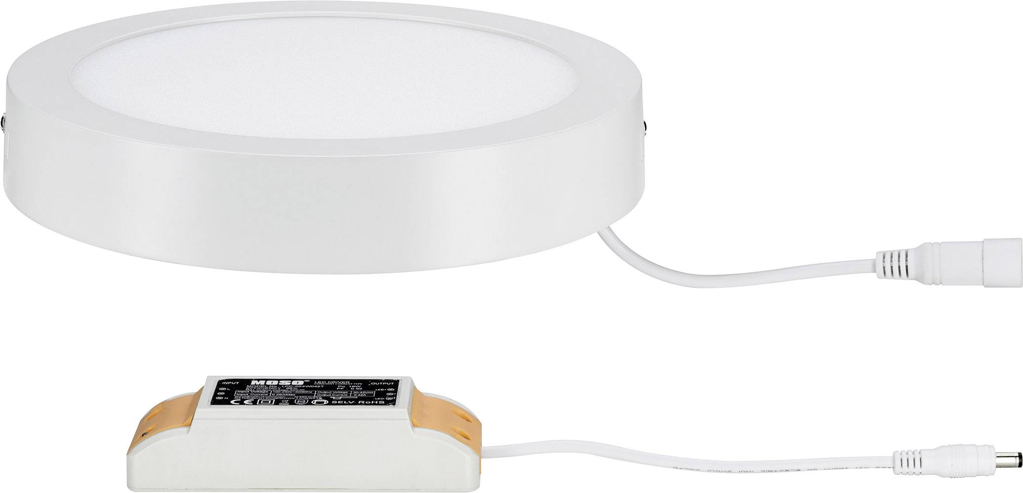 Round LED ceiling light with a white frame, designed to be flat. A white cable with a transformer is visible on the right.