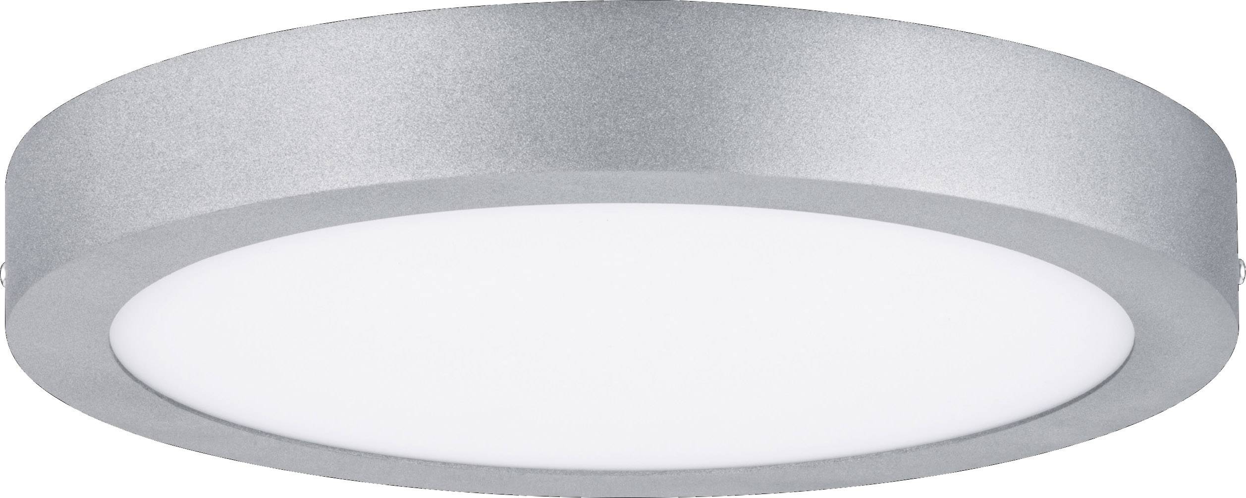 Round ceiling light with a silver frame and white light diffuser, suitable for modern interiors.