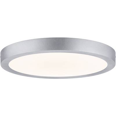 A round, flat LED ceiling light in silver colour with a diffused cover. Suitable for modern living or office design.