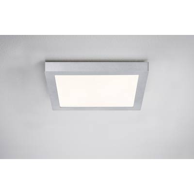 Square ceiling light with a silver frame and white light, mounted on a light grey ceiling.