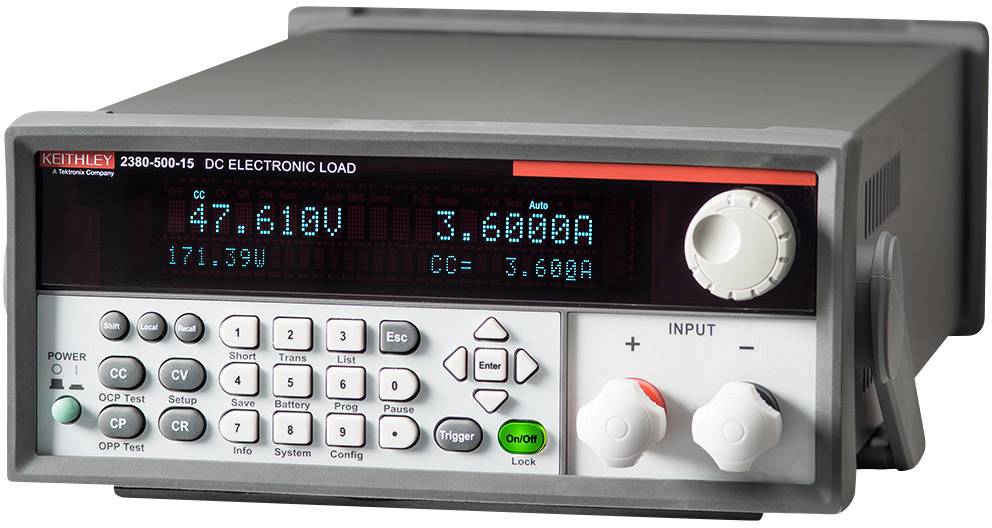 Electronic load with digital display showing '47.61V' and '3.6000A', control buttons at the front; instrument for testing electrical devices.