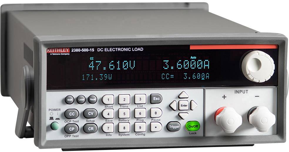 A DC electrical load device displays a voltage of 47.610V, current of 3.6000A and power of 171.39W. Features buttons and rotary controls for operation.
