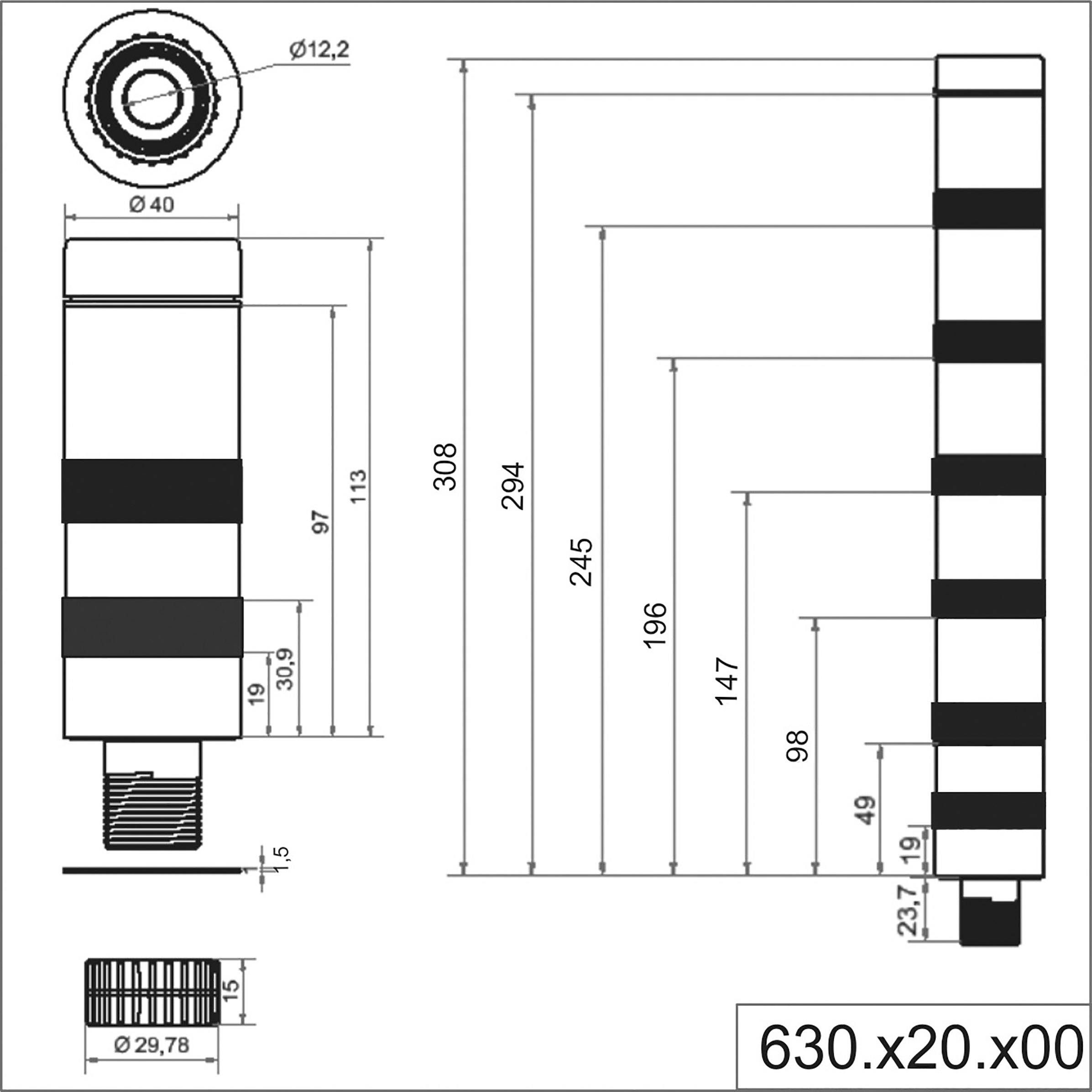 Technical drawing of a cylinder with height and diameter dimensions. Top and side view, including numerical specifications.