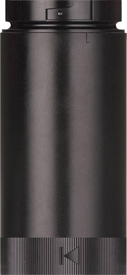 Black metal cylinder with grooved underside. Could be used as part of a device or mechanism.