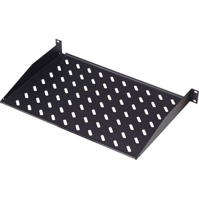 A black, rectangular metal shelving unit with a perforated surface and side mounting tabs.