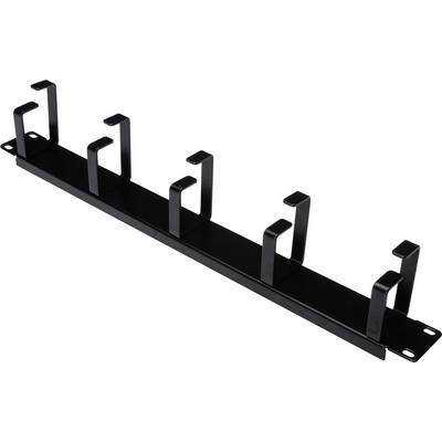 Black cable manager with five hooks for cable organisation in a server rack.