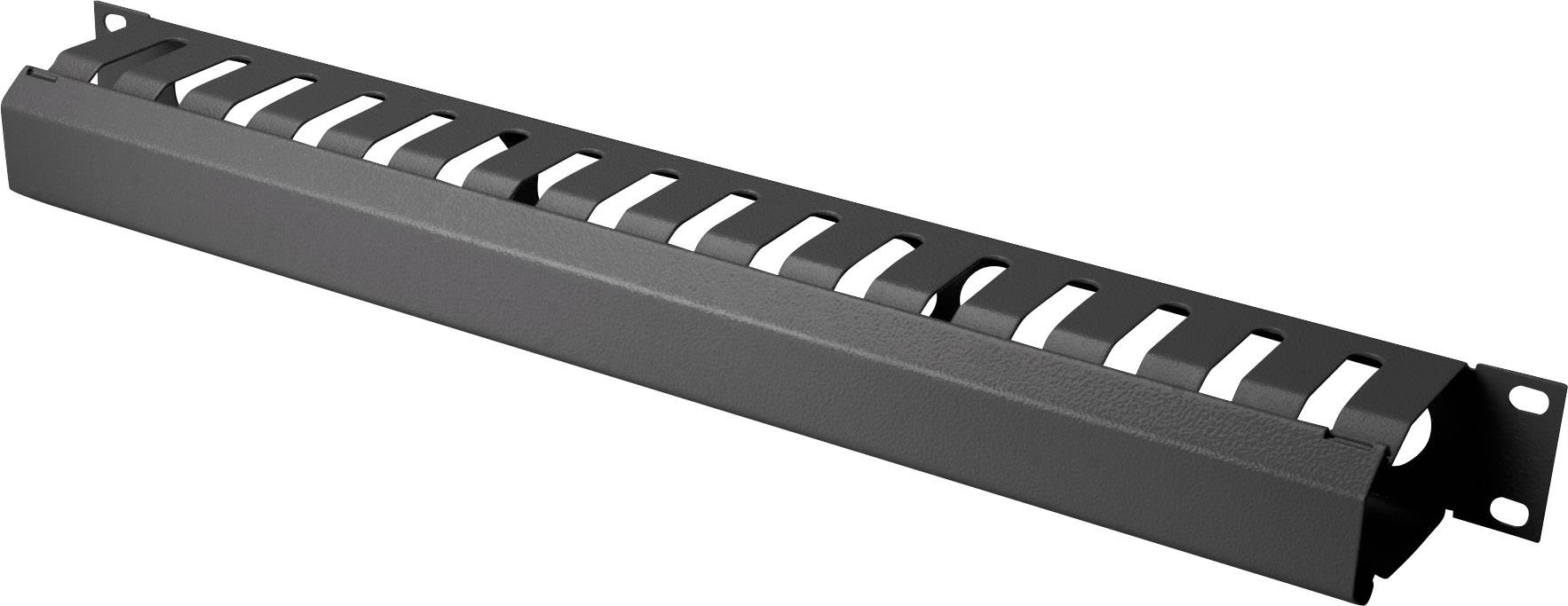 A black cable management panel with multiple slots for organising cables. Suitable for mounting in a server rack.