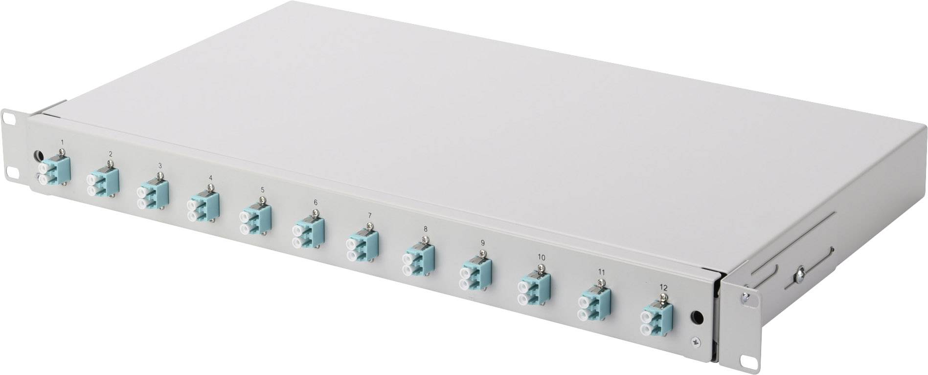 A rack-mount network distributor with multiple blue connection ports on the front panel. Suitable for optical cabling systems.