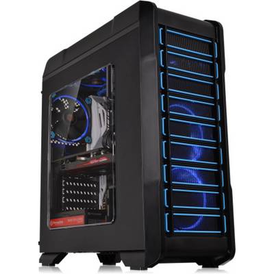 Black computer case with blue LED lighting, side window reveals internal components and fans.