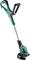 Electric lawn trimmer with green and black casing, ergonomic handle and adjustable cutting head.
