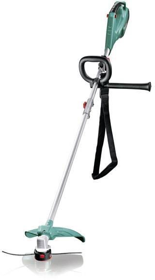 Green electric lawn trimmer with long handle, protective cover, cutting head and shoulder strap. Ideal for precise lawn edging.