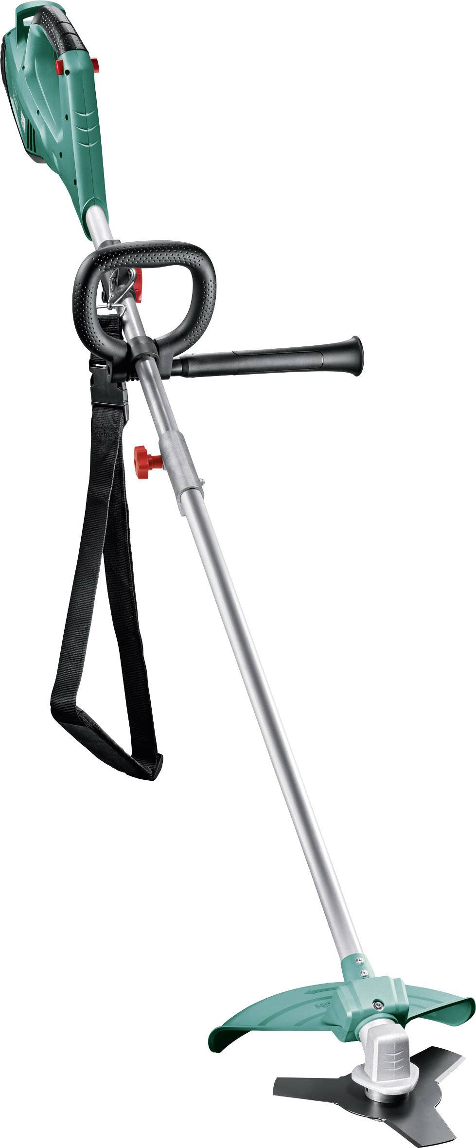 Green electric lawn trimmer with black handle and adjustable shoulder strap. Suitable for trimming lawn edges.