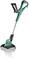 Lawn trimmer with a green handle and silver telescopic shaft, suitable for precisely cutting grass in hard-to-reach areas.