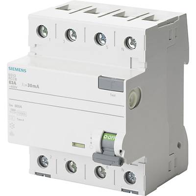A white residual current circuit breaker (RCD) with a green 'O-ON' button on the right side, suitable for 63A and 30mA, manufactured by Siemens.