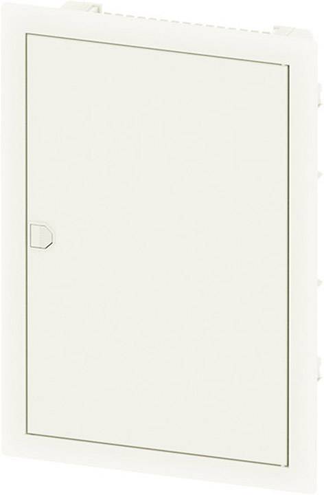 White wall-mounted junction box with a closed lid, rectangular shape and easily accessible closure on the left side.