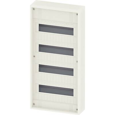 'Empty, white electrical consumer unit in a rectangular shape with four horizontal rails for circuit breakers or fuses.'