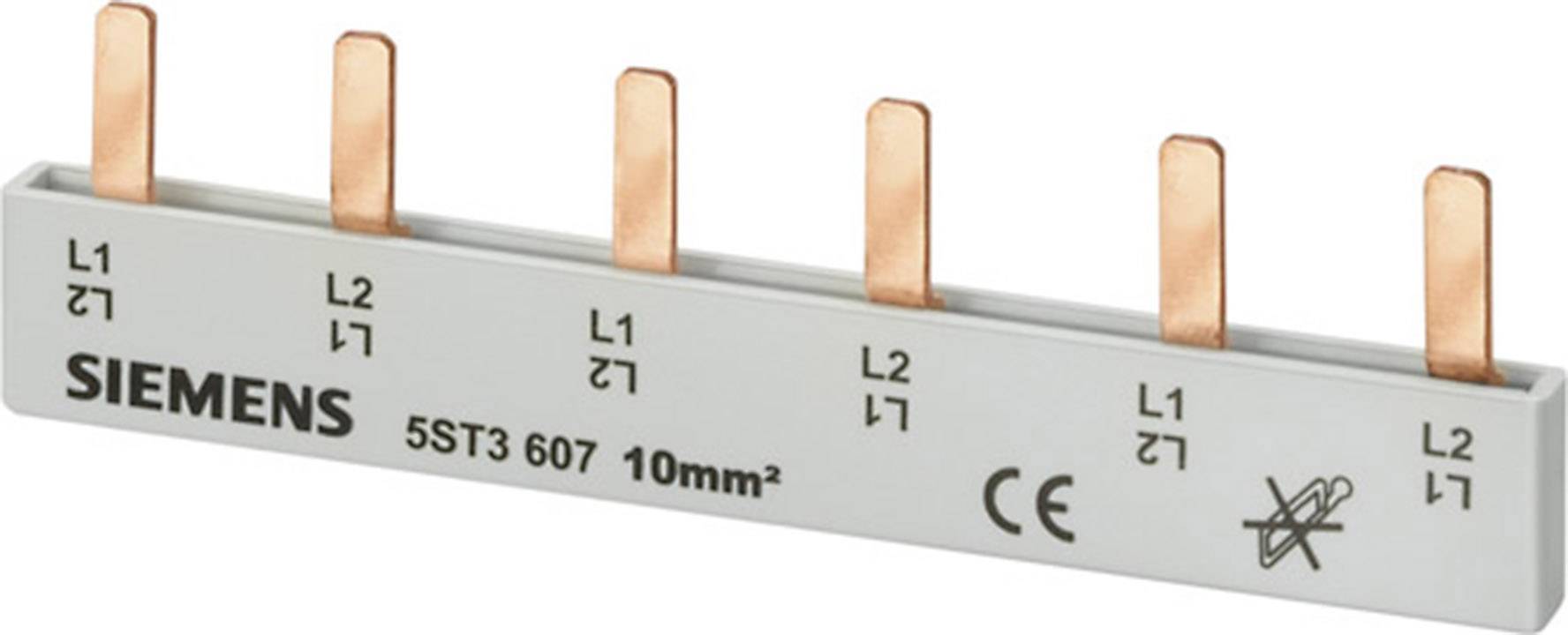 A grey Siemens rail with six copper contacts and markings 'L1 L2 L3'; suitable for electrical connections. CE marking.