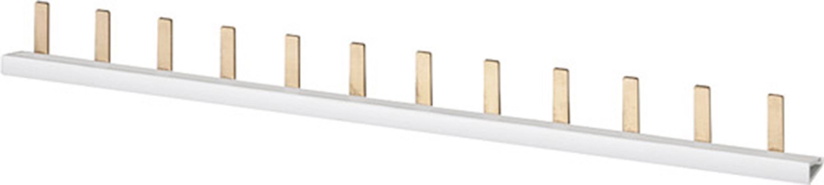 Twelve vertical metal pins evenly distributed along a long, flat bar.