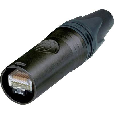 A black network cable plug with metallic contacts, ready for connection in a network system.