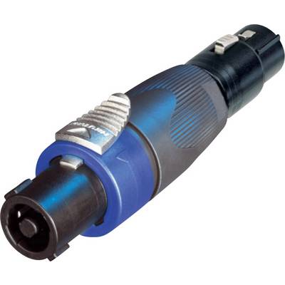 Speaker cable plug, blue-black, with locking mechanism and metal hook. Suitable for audio connections.