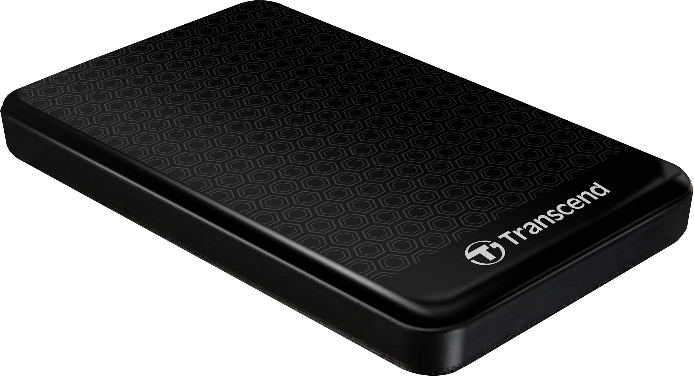 External hard drive by Transcend, black with a geometric pattern, rectangular, slim design, logo and brand name in the top left corner.