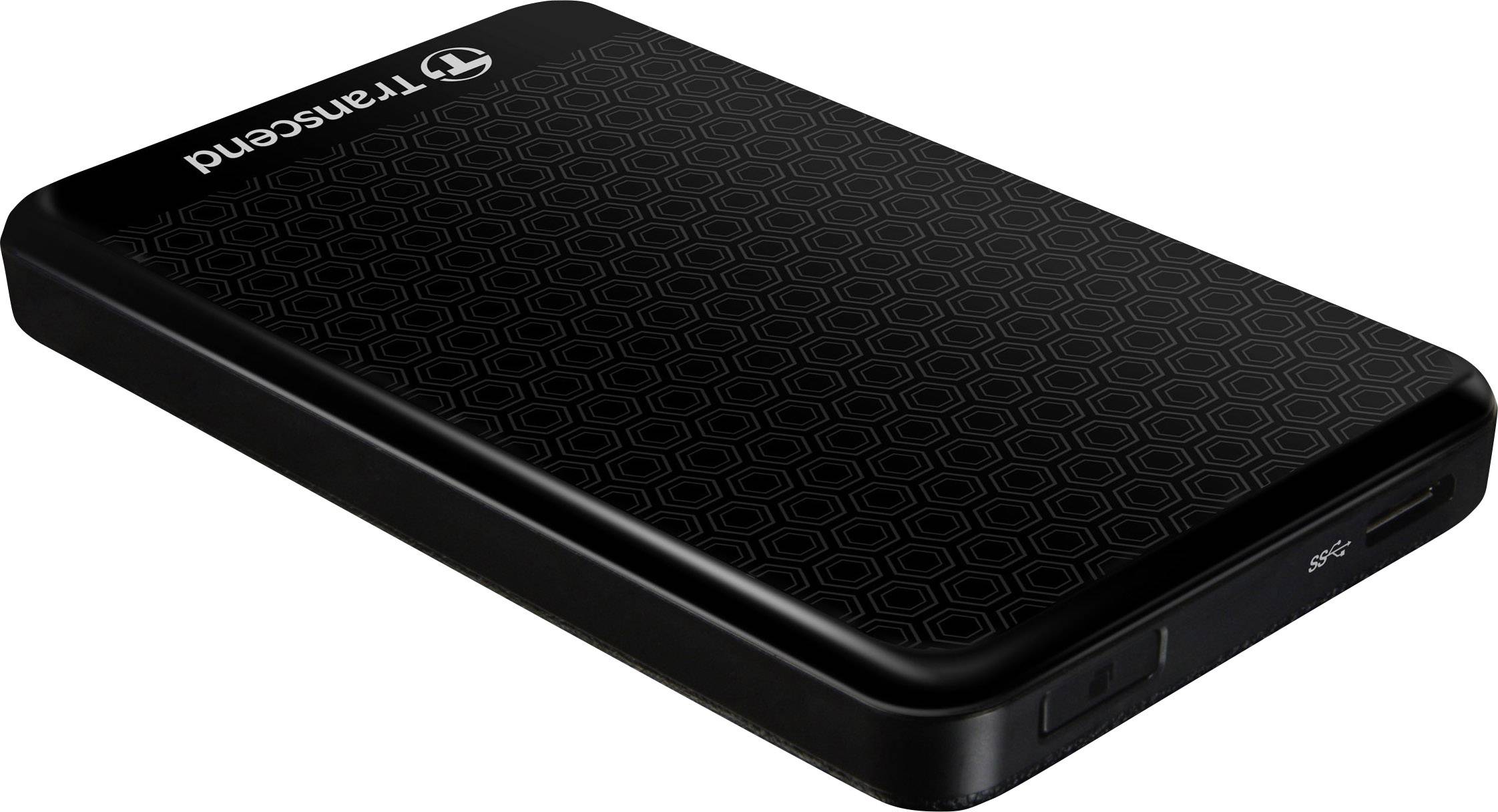 External hard drive in black with a geometric pattern, Transcend brand, for data storage and backup.