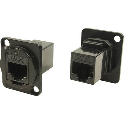 Two black CAT.5E network adapters, one with a circular front plate, the other with a square base plate, on a white background.