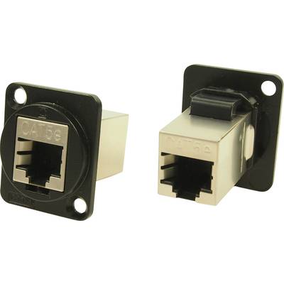 Two CAT5e network sockets in a black housing, suitable for wall or device mounting, show connections for data transmission.