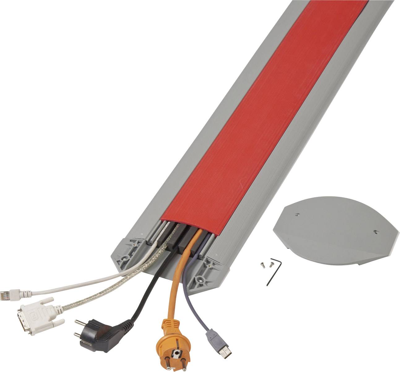 Cable trunking with a red lid shows the open side from which various cables emerge; serves for cable organisation and safety.