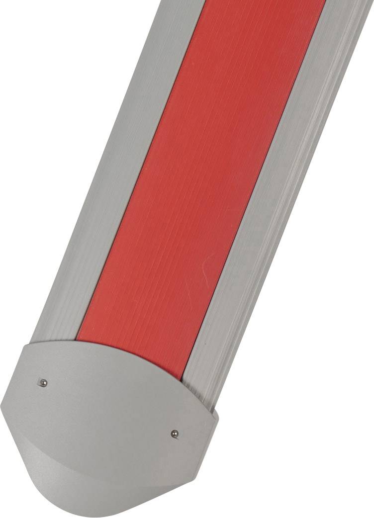 Grey and red metal object, possibly a section of a barrier or a bollard, against a white background.