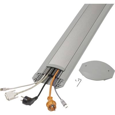 A grey cable trunking with a removable cover, from which several cables of different types are routed.