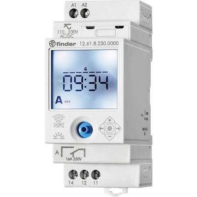 Digital time switch with display, showing '09:34', switching state 'A OFF'. Connection terminals at top and bottom, NFC logo visible.