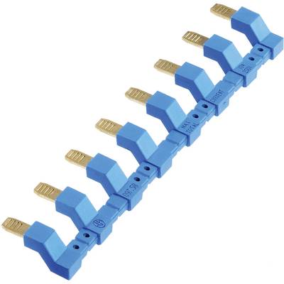 A blue phase busbar distributor with multiple copper terminals for electrical current distribution in an electrical switchgear installation.