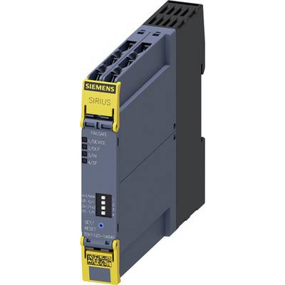 A Siemens SIRIUS safety relay module, grey, with a yellow front, showing connection terminals and reduced safety functions.