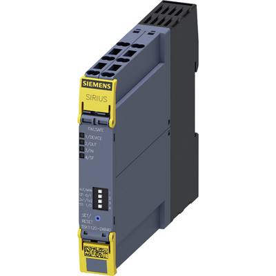 Industrial electronics module, Siemens Sirius, grey with yellow elements, provides safety circuits and control options.