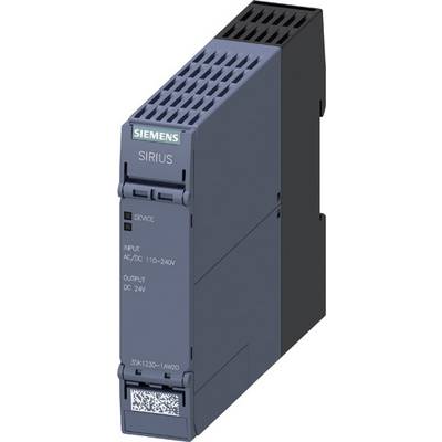 A grey electronic device by Siemens with 'SIRIUS' labelling, showing input (AC/DC 110–240V) and output voltage (DC 24V).