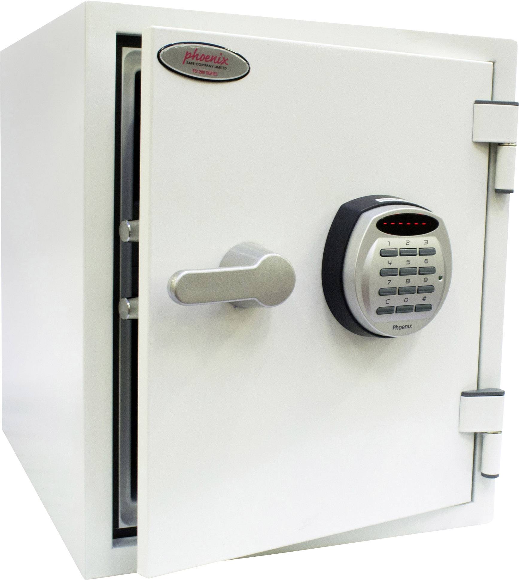 A white safe with an electronic combination lock displays security features. A lever handle is visible on the left.