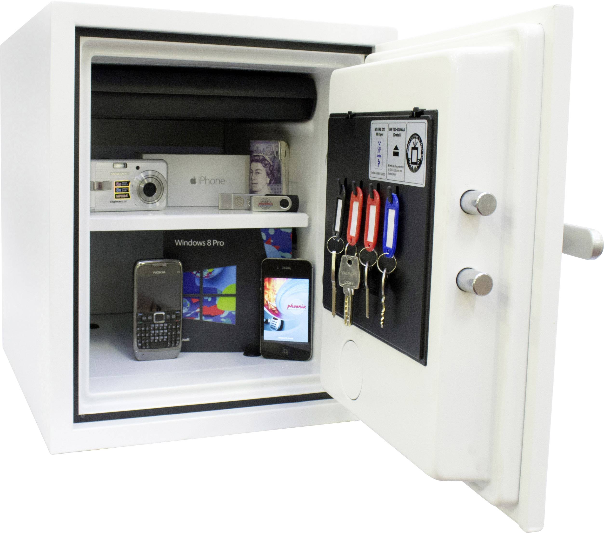 An open safe reveals a camera, a mobile phone, an iPhone, banknotes, Windows 8 Pro, an iPod and several keys.