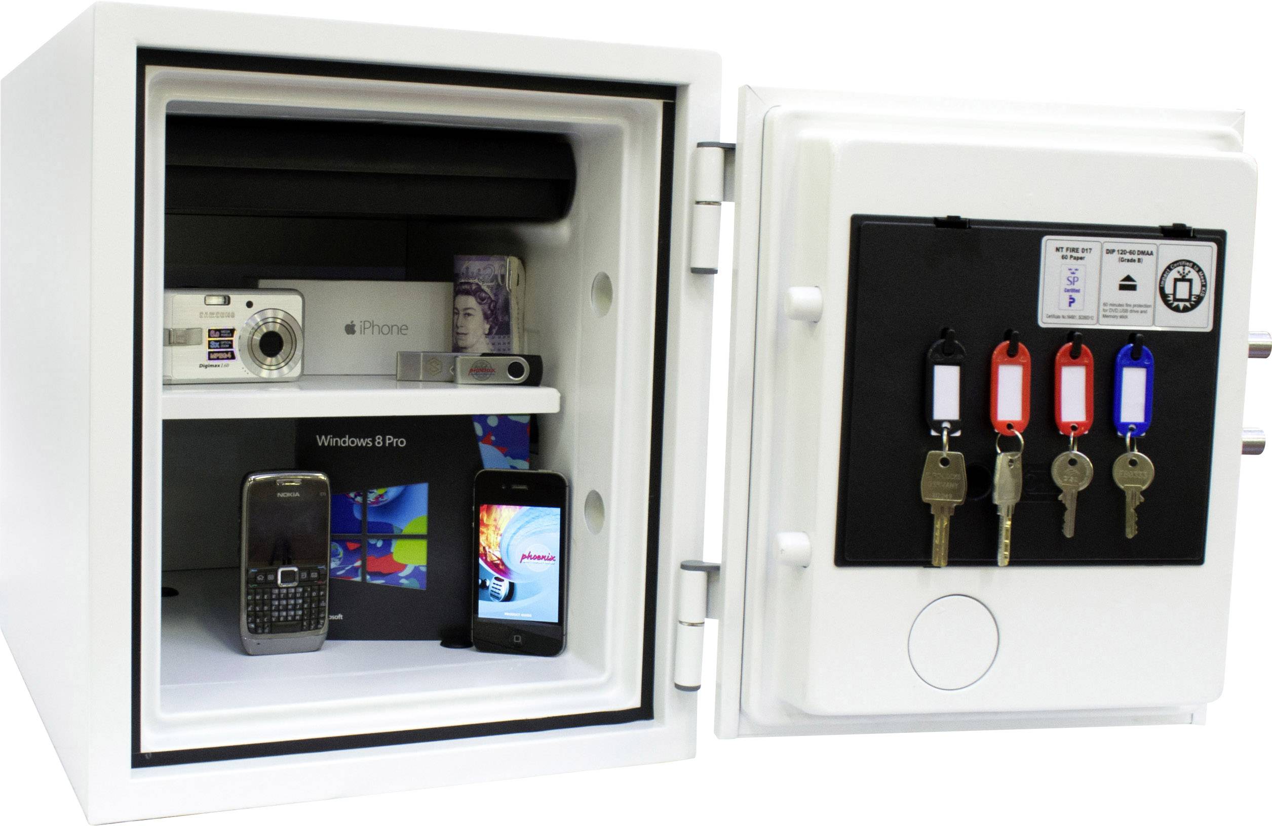An open safe with cameras, mobile phones, money and keys. On the right, four coloured key fobs are hanging on the inside of the door.