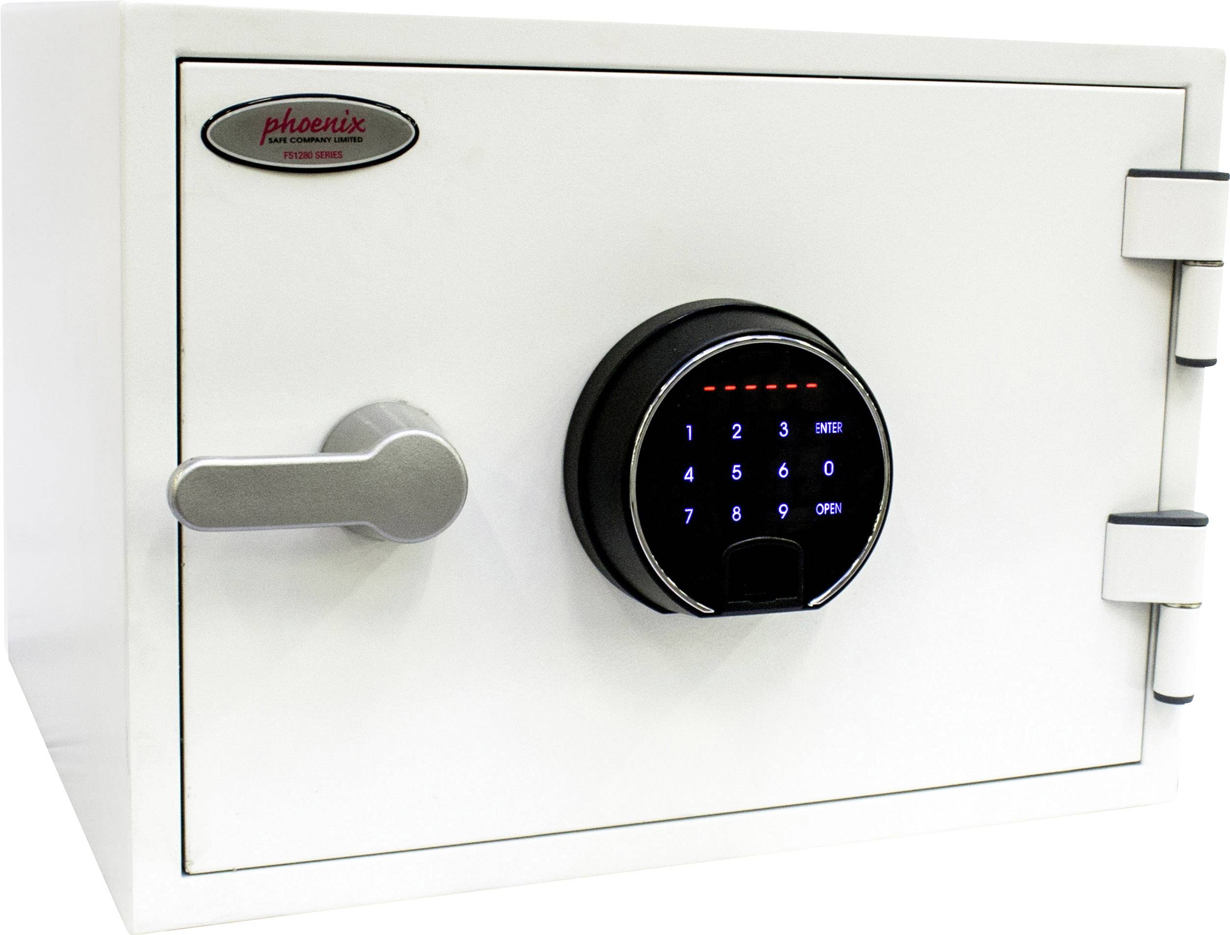 A white safe with a digital keypad lock and rotary handle, suitable for securely storing valuables.