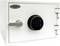 A white safe with a digital keypad lock and rotary handle, suitable for securely storing valuables.