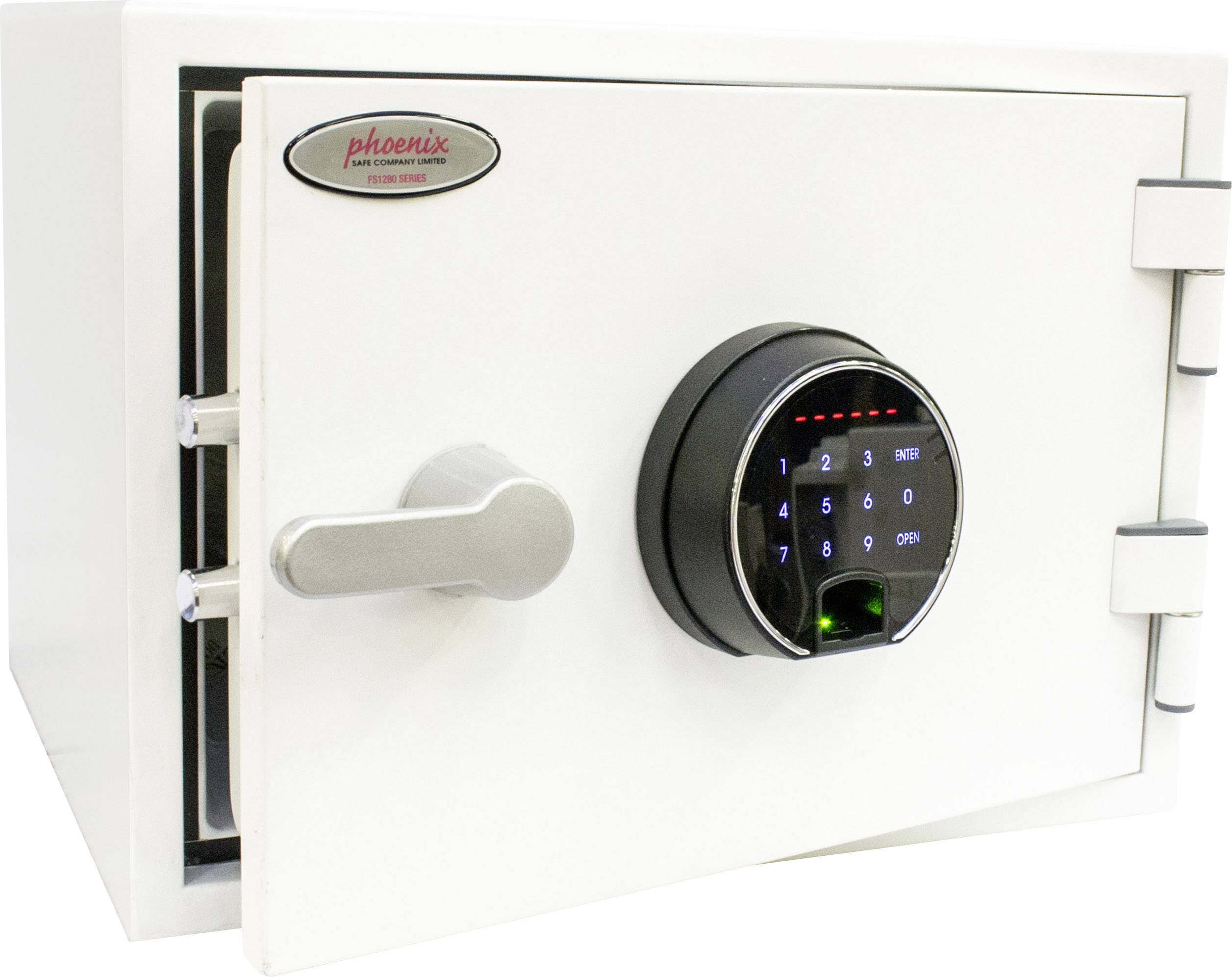 A white safe with a digital combination lock. The door is closed and displays an illuminated keypad.