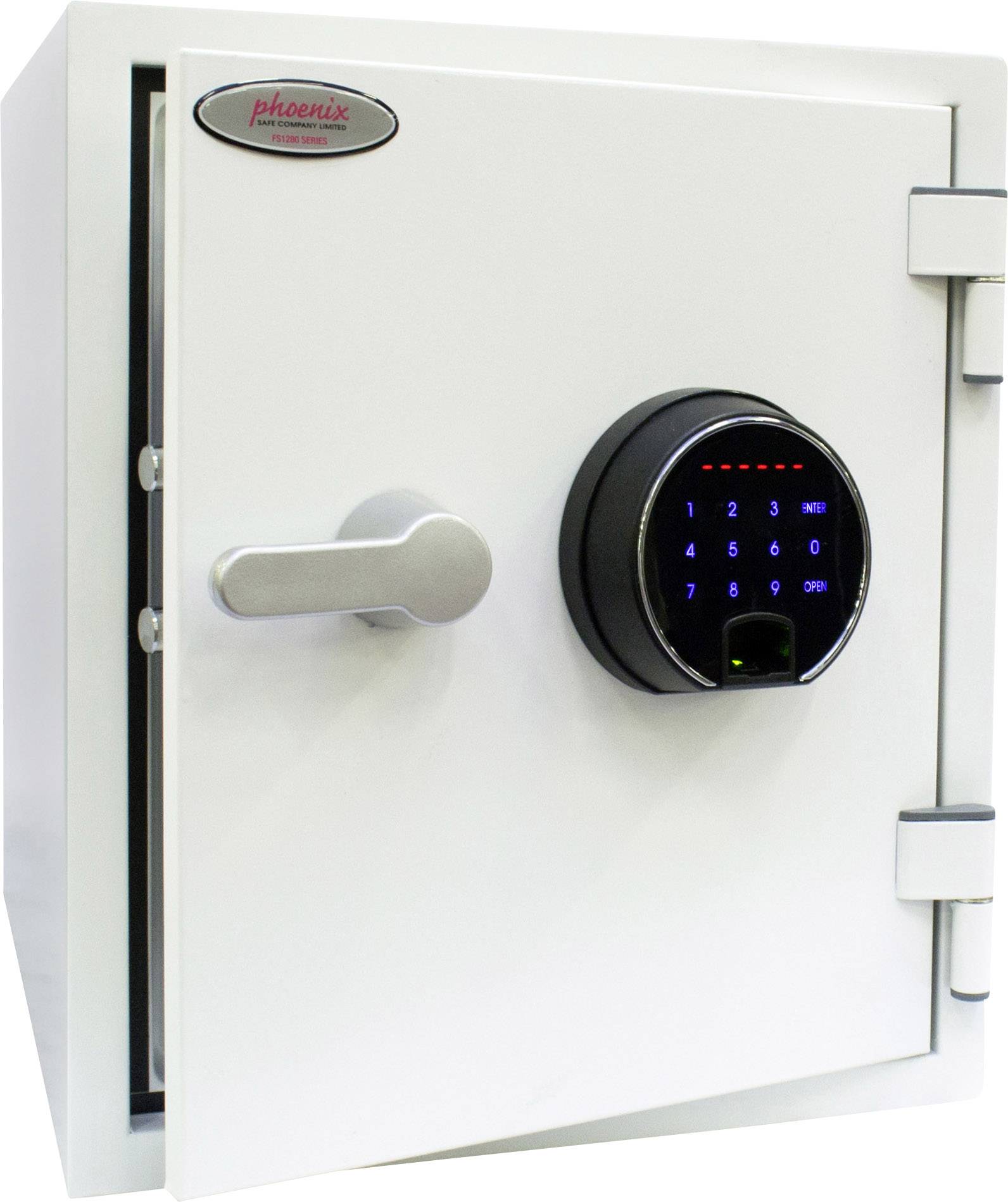 White safe with a digital numeric lock on the front. A silver handle is visible to the left of the lock.