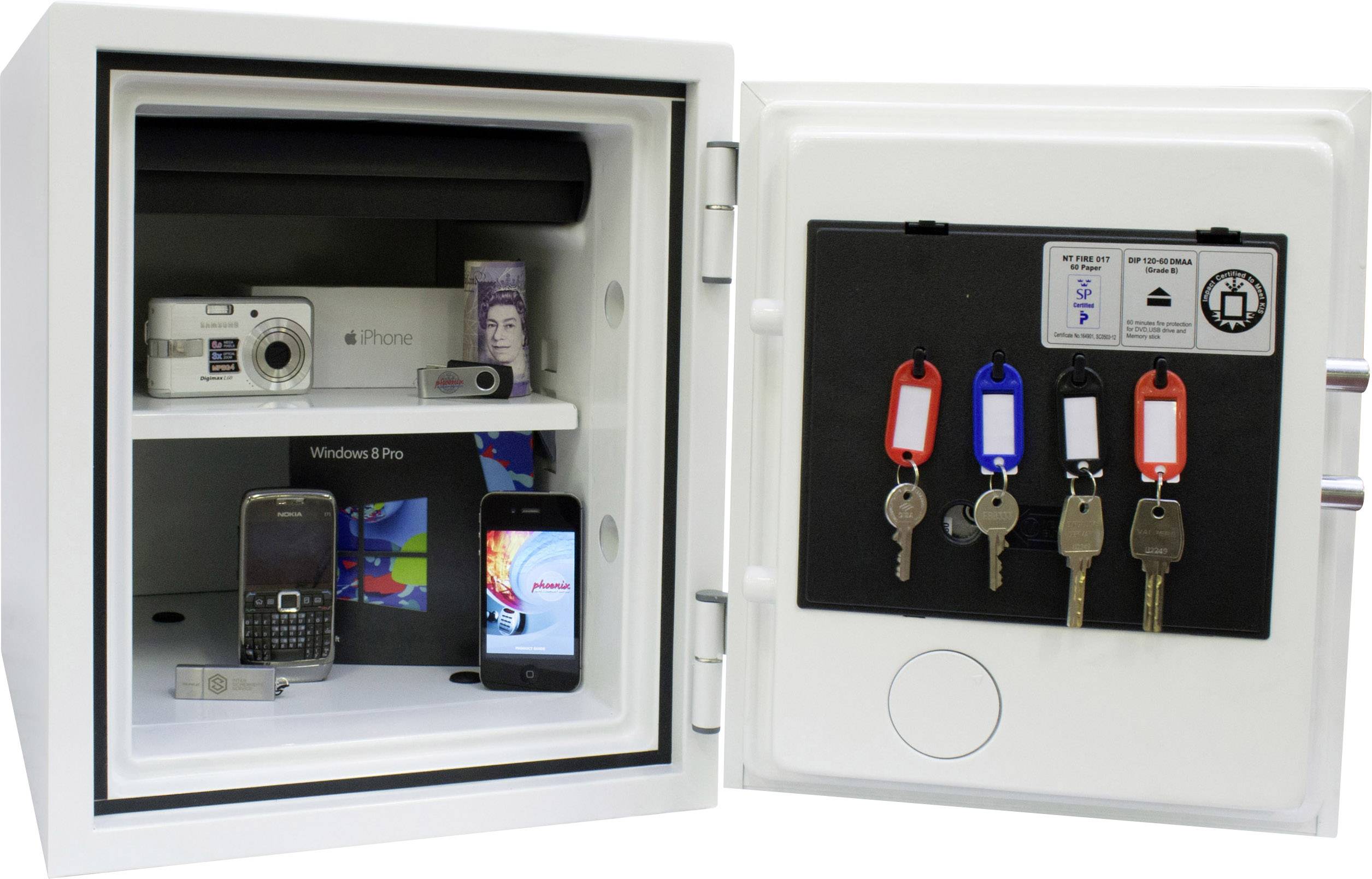 An open safe with two compartments. In the upper compartment, there is a camera and a mobile phone, in the lower compartment another mobile phone. Five keys are inserted in the door.