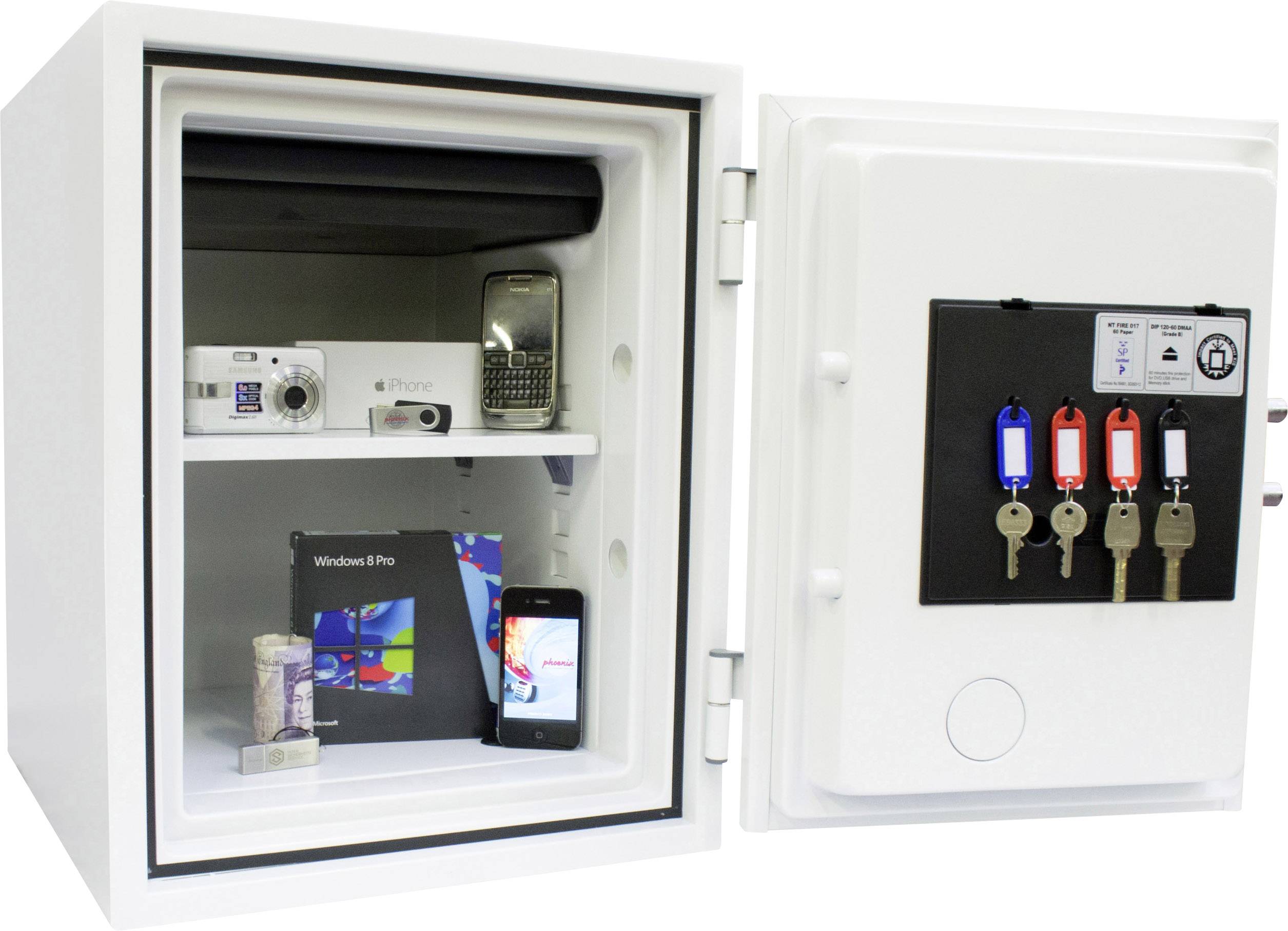 An open safe with cameras, mobile phones, computer equipment and keys on two shelves; depicting the protection of valuables.