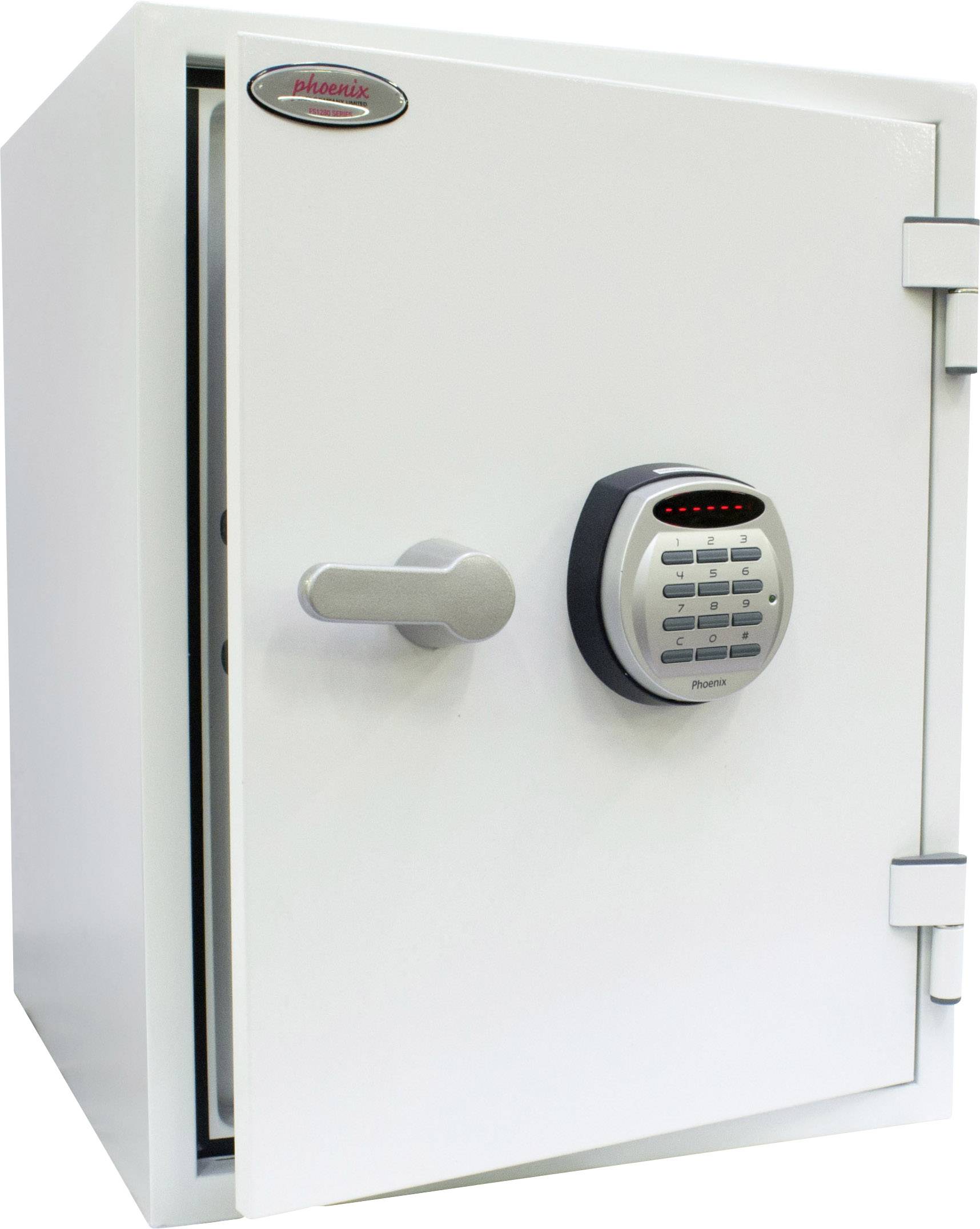 White vault door with electronic keypad lock and door handle. The safe has a simple design and robust appearance.