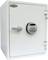 A white safe with an electronic keypad lock and a rotary handle on the front. It stands upright and is closed.