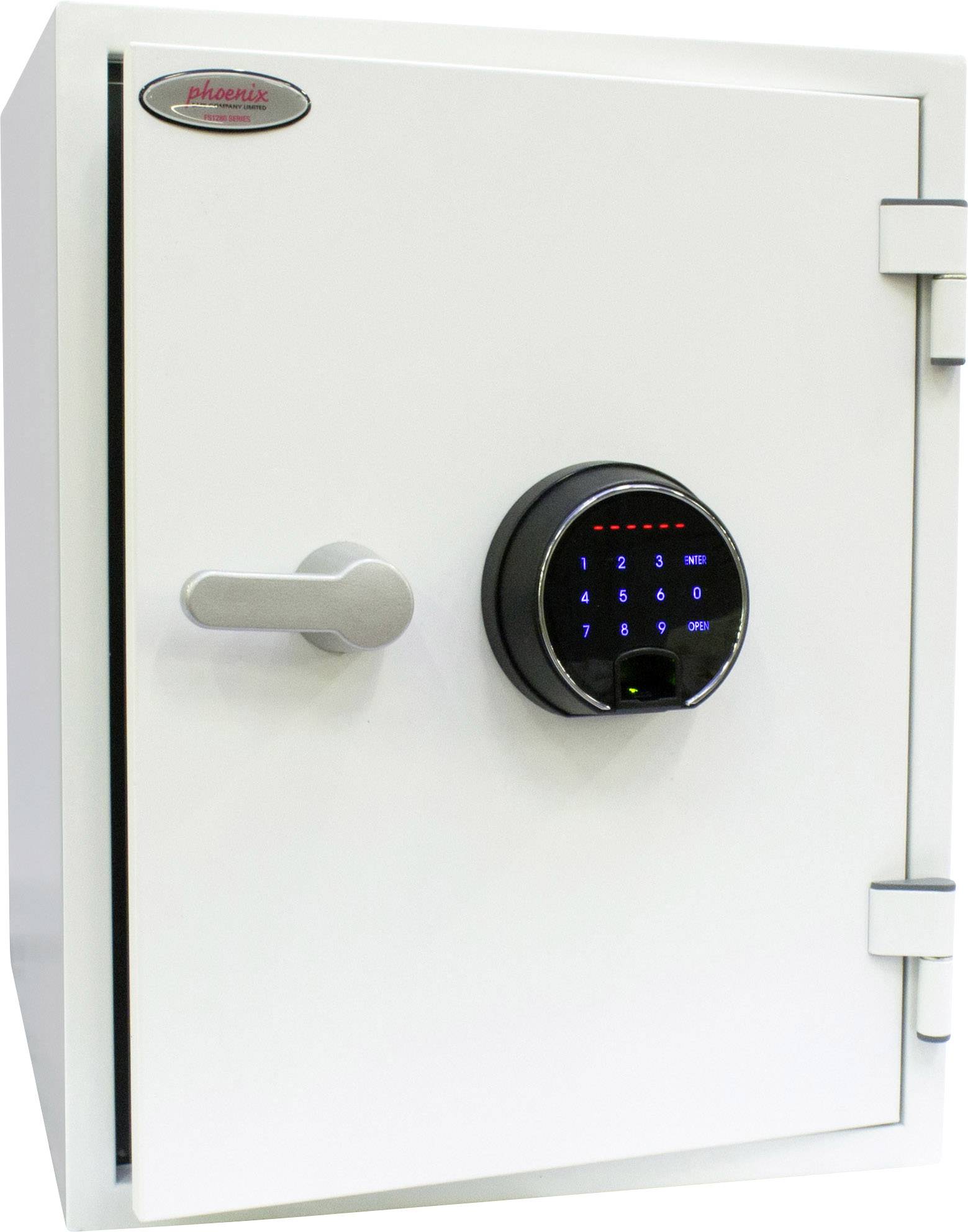 A white safe with a digital combination lock and metal handle.